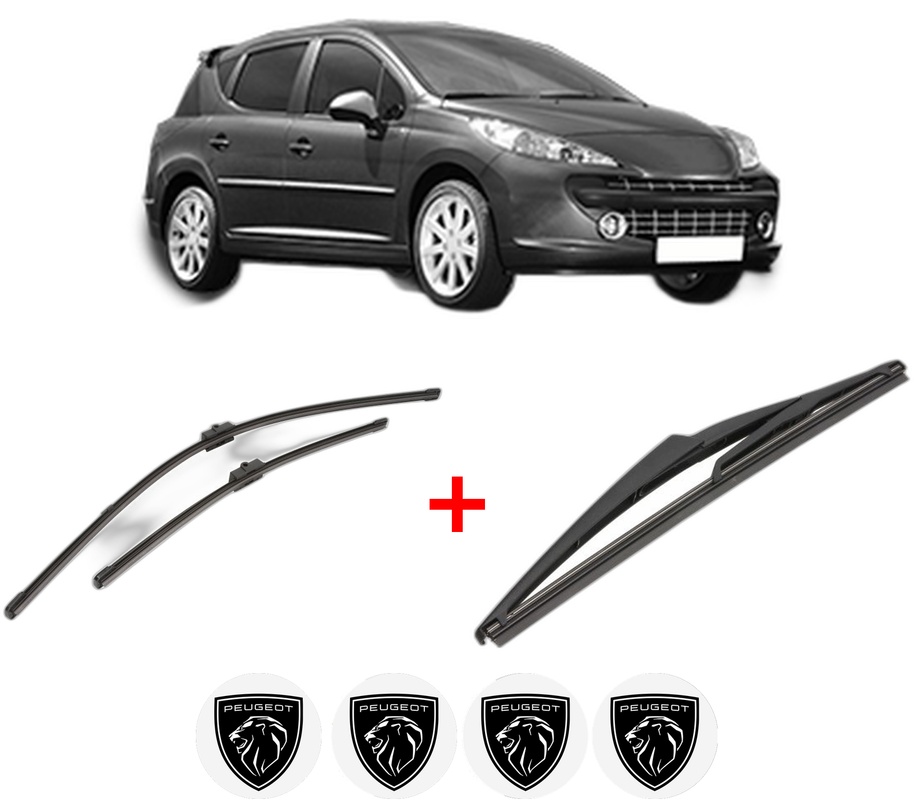 Set 3 stergatoare PEUGEOT 207 SW (WK_) din 2007 - 2013, pentru parbriz si luneta fata si spate auto, Valeo Silencio, din cauciuc siliconat rezistent, 4 Stickere Auto PEUGEOT