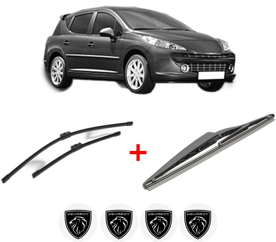 Set 3 stergatoare PEUGEOT 207 SW (WK_) din 2007 - 2013, pentru parbriz si luneta fata si spate auto, Bosch Twin, din cauciuc siliconat rezistent, 4 Stickere Auto PEUGEOT