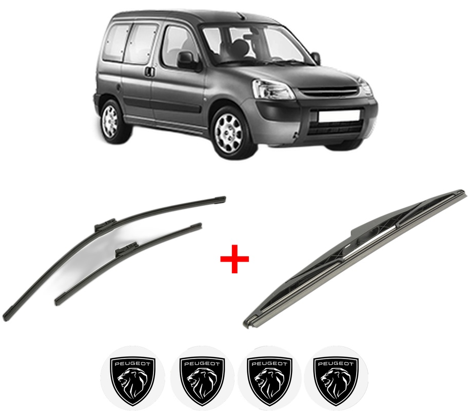 Set 3 stergatoare PEUGEOT PARTNER TEPEE din 2008 - 2018, pentru parbriz si luneta fata si spate auto, Bosch Twin, din cauciuc siliconat rezistent, 4 Stickere Auto PEUGEOT
