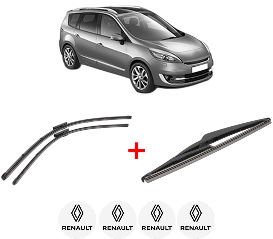 Set 3 stergatoare RENAULT GRAND SCENIC III (JZ0/1_) din 2009 - 2016, pentru parbriz si luneta fata si spate auto, Valeo Silencio, din cauciuc siliconat rezistent, 4 Stickere Auto RENAULT