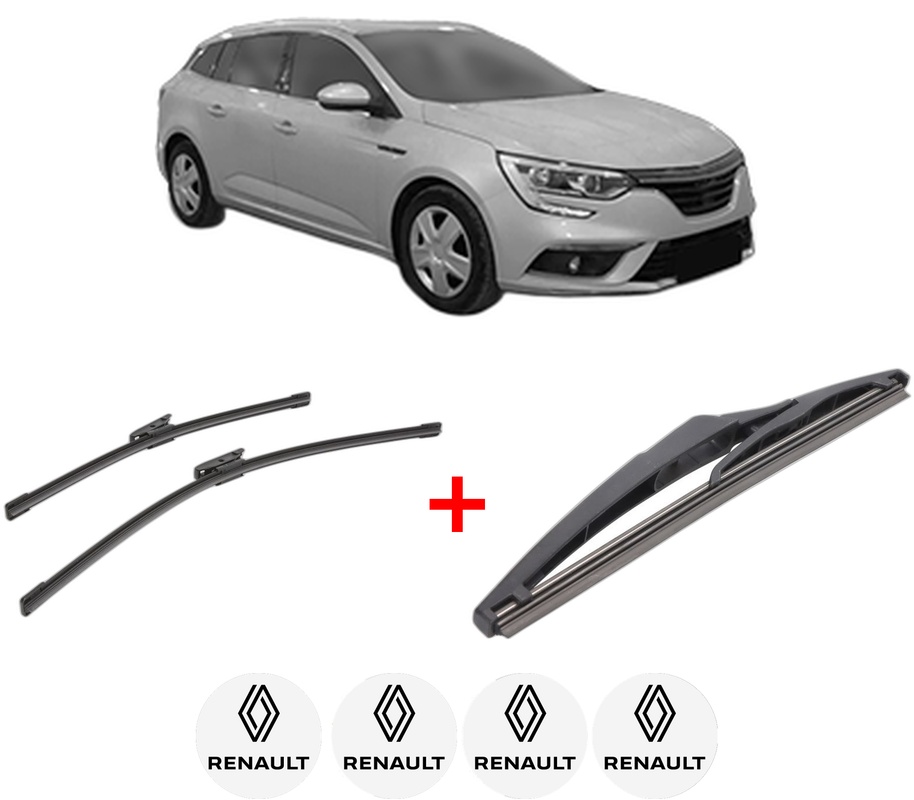 Set 3 stergatoare RENAULT MEGANE IV Grandtour (K9A/M/N_) din 2016, pentru parbriz si luneta fata si spate auto, Bosch Twin, din cauciuc siliconat rezistent, 4 Stickere Auto RENAULT