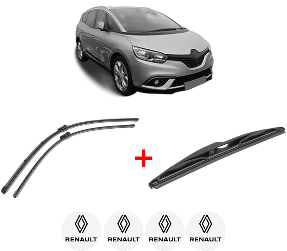 Set 3 stergatoare RENAULT SCENIC IV (J9_) din 2016 - 2022, pentru parbriz si luneta fata si spate auto, Valeo Silencio, din cauciuc siliconat rezistent, 4 Stickere Auto RENAULT