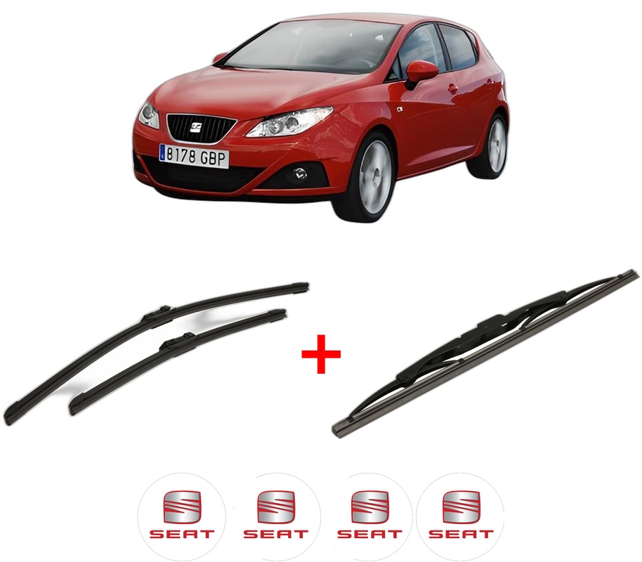 Set 3 stergatoare SEAT IBIZA IV Hatchback Van (6J1) din 2008 - 2015, pentru parbriz si luneta fata si spate auto, Bosch Twin, din cauciuc siliconat rezistent, 4 Stickere Auto SEAT