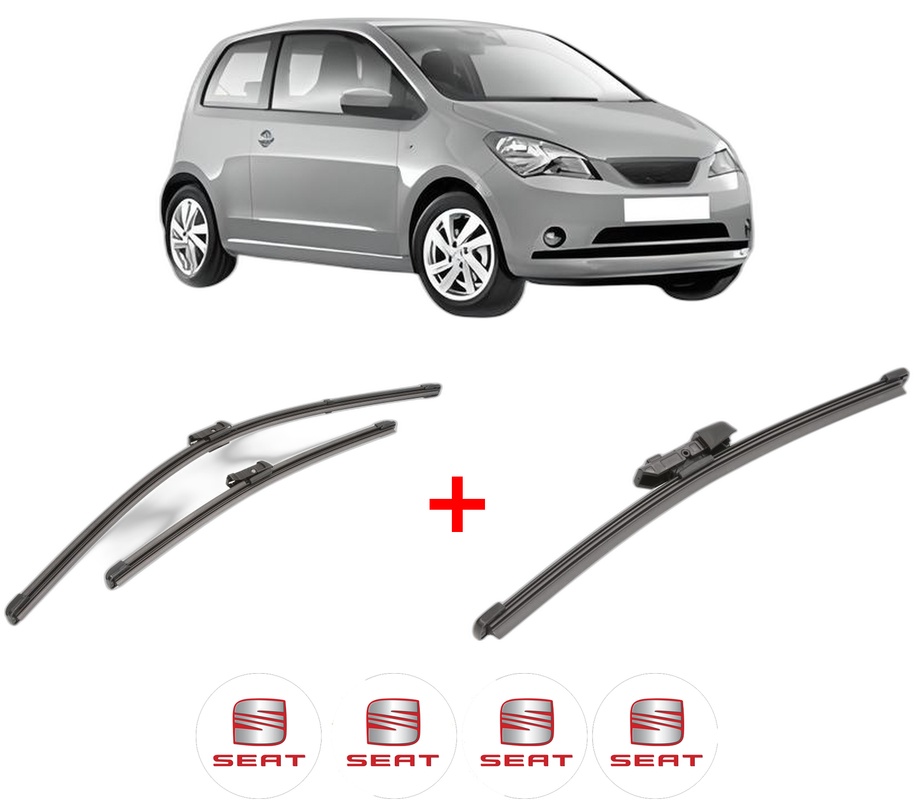 Set 3 stergatoare SEAT Mii (KF1, KE1) din 2011 - 2019, pentru parbriz si luneta fata si spate auto, Valeo Silencio Xtrm, din cauciuc siliconat rezistent, 4 Stickere Auto SEAT
