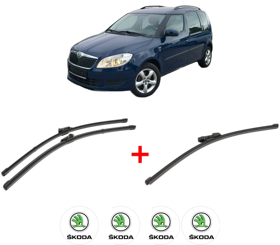Set 3 stergatoare SKODA ROOMSTER (5J7) din 2006 - 2015, pentru parbriz si luneta fata si spate auto, Valeo Silencio Xtrm, din cauciuc siliconat rezistent, 4 Stickere Auto SKODA