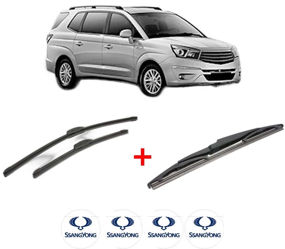 Set 3 stergatoare SSANGYONG RODIUS II din 2013, pentru parbriz si luneta fata si spate auto, Bosch Twin, din cauciuc siliconat rezistent, 4 Stickere Auto SSANGYONG