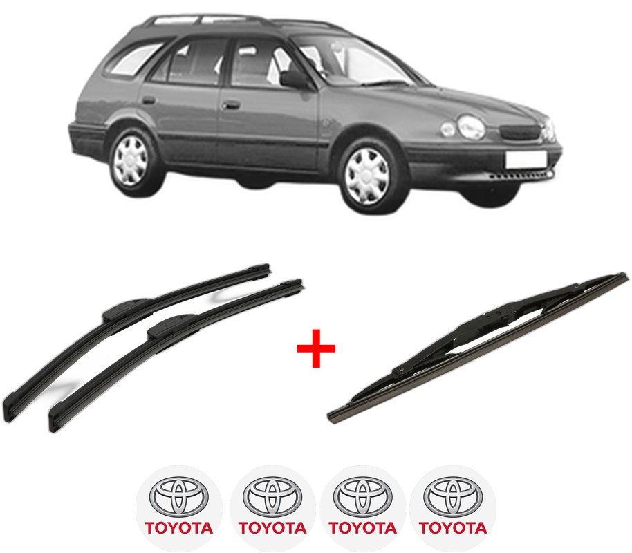 Set 3 stergatoare TOYOTA COROLLA Estate (_E11_) din 1997 - 2001, pentru parbriz si luneta fata si spate auto, Bosch Twin, din cauciuc siliconat rezistent, 4 Stickere Auto TOYOTA