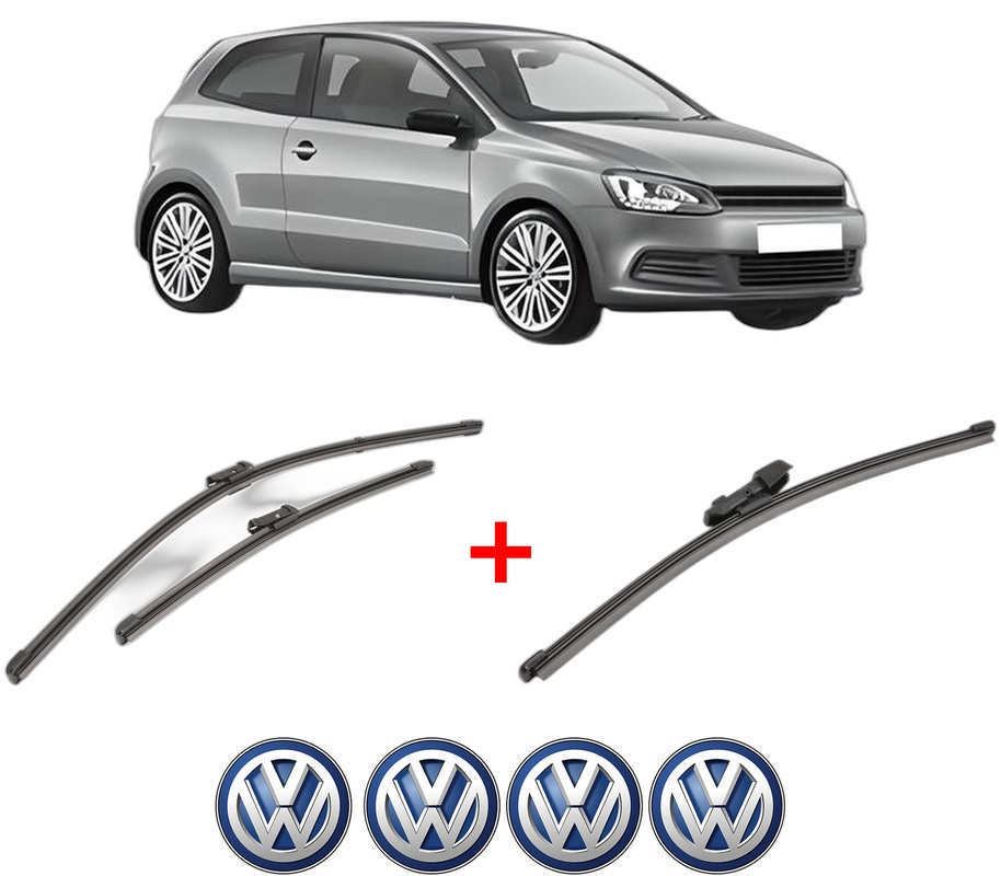 Set 3 stergatoare Volkswagen POLO V (6R1, 6C1) din 2009 - 2022, pentru parbriz si luneta fata si spate auto, Valeo Silencio Xtrm, din cauciuc siliconat rezistent, 4 Stickere Auto VW