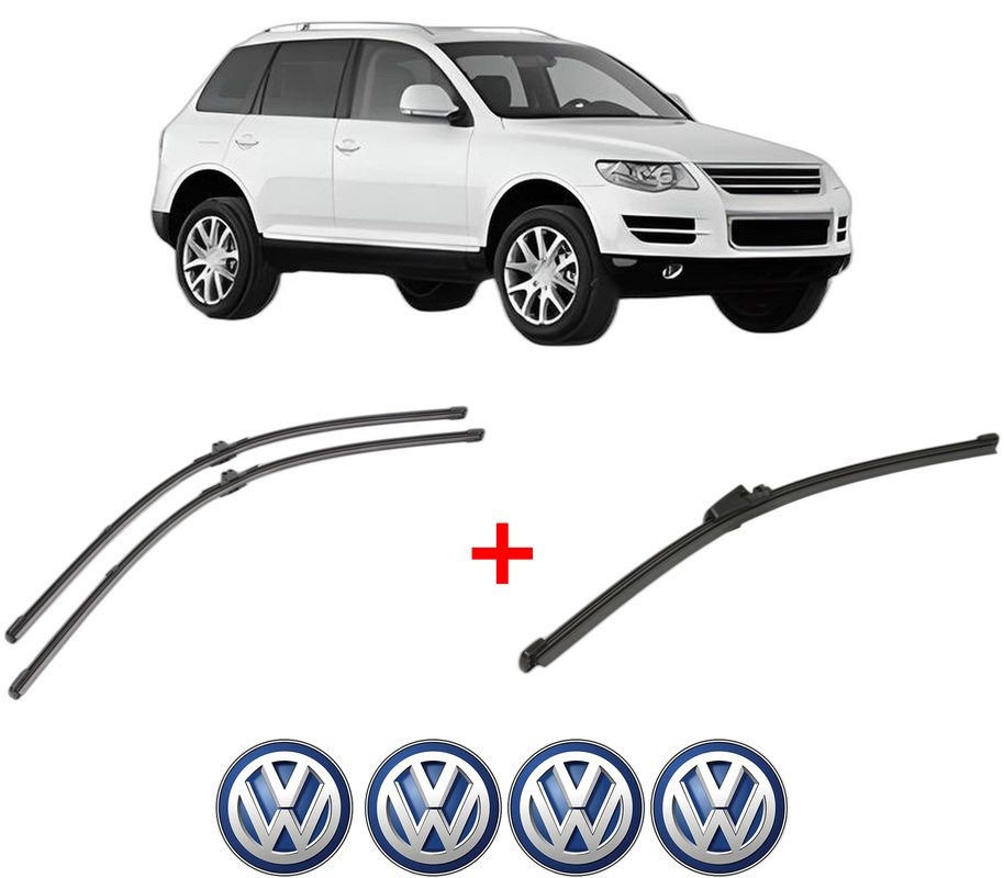 Set 3 stergatoare Volkswagen TOUAREG (7LA, 7L6, 7L7) din 2002 - 2010, pentru parbriz si luneta fata si spate auto, Valeo Silencio Xtrm, din cauciuc siliconat rezistent, 4 Stickere Auto VW