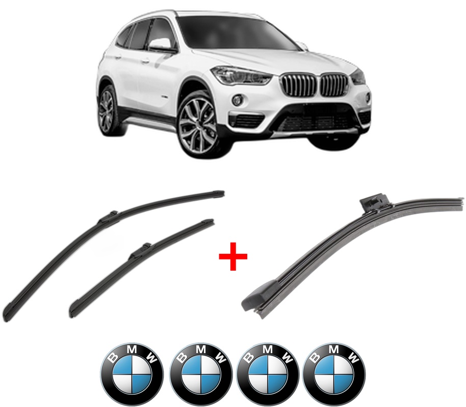Set 3 stergatoare BMW Seria X1 Van (F48) din 2015 - 2022, pentru parbriz si luneta fata si spate auto, Bosch Aerotwin, din cauciuc siliconat rezistent, 4 Stickere Auto BMW