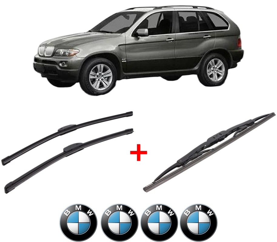 Set 3 stergatoare BMW Seria X5 (E53) din 2000 - 2006, pentru parbriz si luneta fata si spate auto, Bosch Twin, din cauciuc siliconat rezistent, 4 Stickere Auto BMW