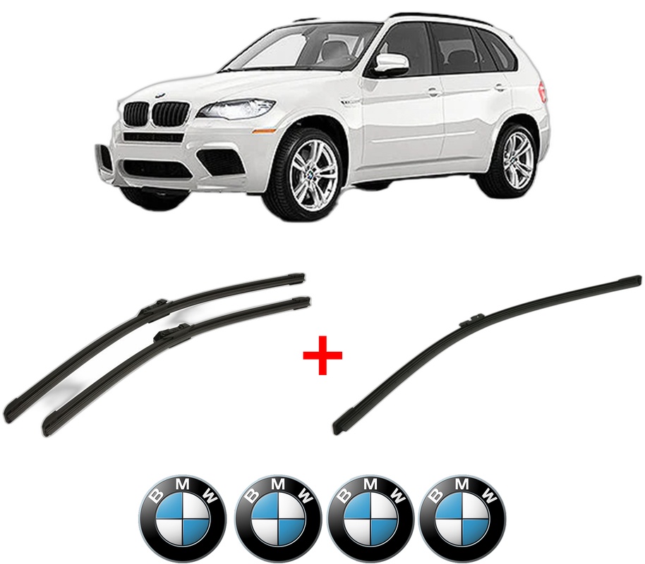 Set 3 stergatoare BMW Seria X5 (E70) din 2006 - 2013, pentru parbriz si luneta fata si spate auto, Bosch Aerotwin, din cauciuc siliconat rezistent, 4 Stickere Auto BMW
