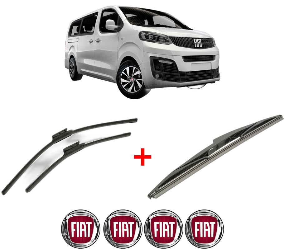 Set 3 stergatoare FIAT ULYSSE Bus din 2022 - 2023, pentru parbriz si luneta fata si spate auto, Bosch Twin, din cauciuc siliconat rezistent, 4 Stickere Auto FIAT