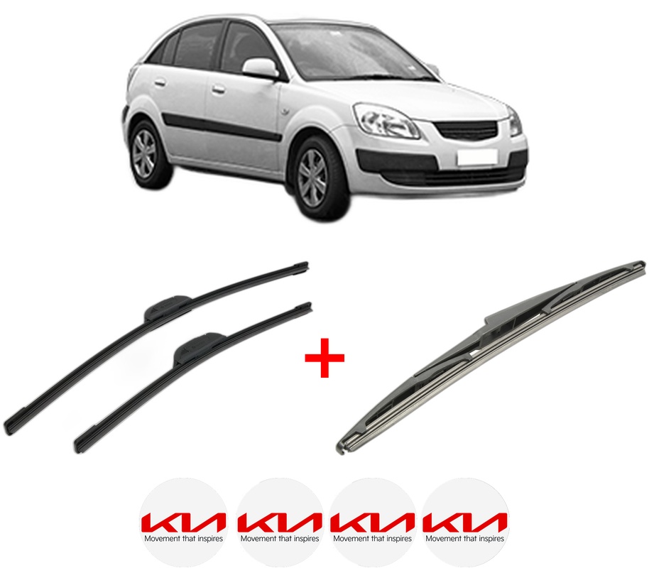 Set 3 stergatoare KIA RIO II (JB) din 2005 - 2011, pentru parbriz si luneta fata si spate auto, Bosch Twin, din cauciuc siliconat rezistent, 4 Stickere Auto KIA