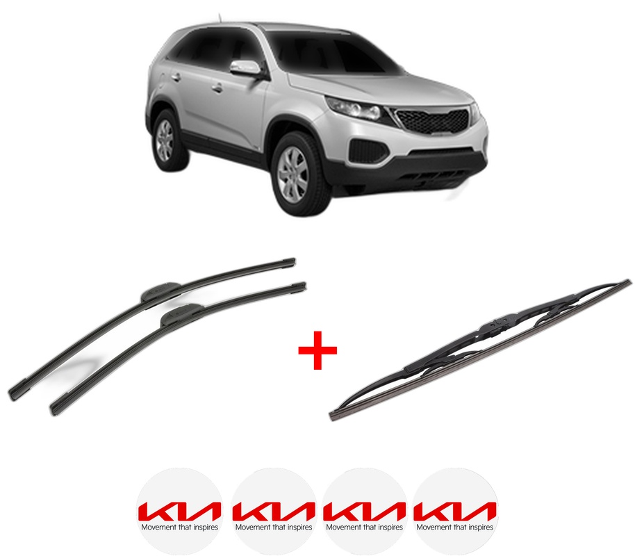 Set 3 stergatoare KIA SORENTO II SUV Van (XM) din 2009 - 2015, pentru parbriz si luneta fata si spate auto, Bosch Twin, din cauciuc siliconat rezistent, 4 Stickere Auto KIA