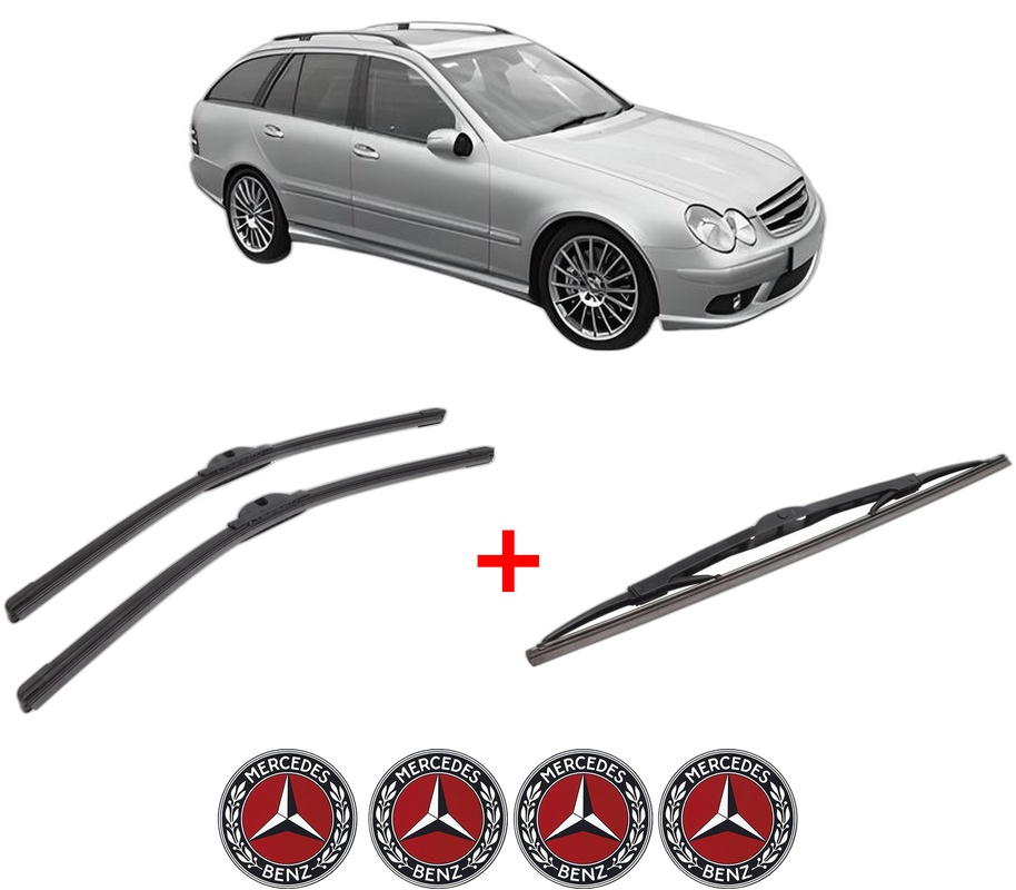 Set 3 stergatoare MERCEDES-BENZ C-CLASS T-Model (S203) din 2001 - 2007, pentru parbriz si luneta fata si spate auto, Bosch Twin, din cauciuc siliconat rezistent, 4 Stickere Auto MERCEDES-BENZ