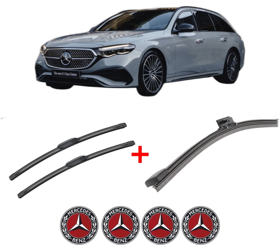 Set 3 stergatoare MERCEDES-BENZ E-CLASS T-Model (S214) din 2023, pentru parbriz si luneta fata si spate auto, Bosch Aerotwin, din cauciuc siliconat rezistent, 4 Stickere Auto MERCEDES-BENZ