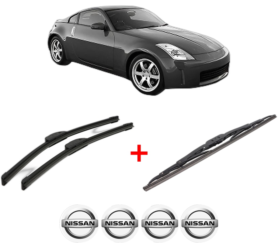 Set 3 stergatoare NISSAN 350Z Coupe (Z33) din 2002 - 2008, pentru parbriz si luneta fata si spate auto, Bosch Twin, din cauciuc siliconat rezistent, 4 Stickere Auto NISSAN