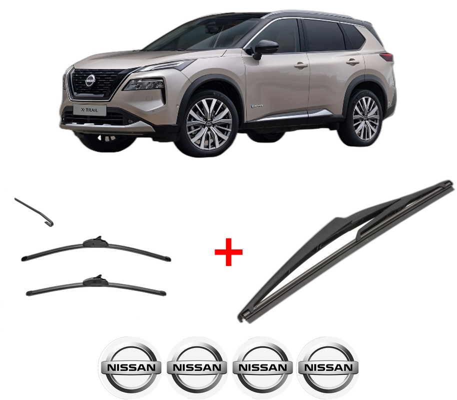 Set 3 stergatoare NISSAN X-TRAIL IV (T33) din 2022, pentru parbriz si luneta fata si spate auto, Valeo Silencio, din cauciuc siliconat rezistent, 4 Stickere Auto NISSAN