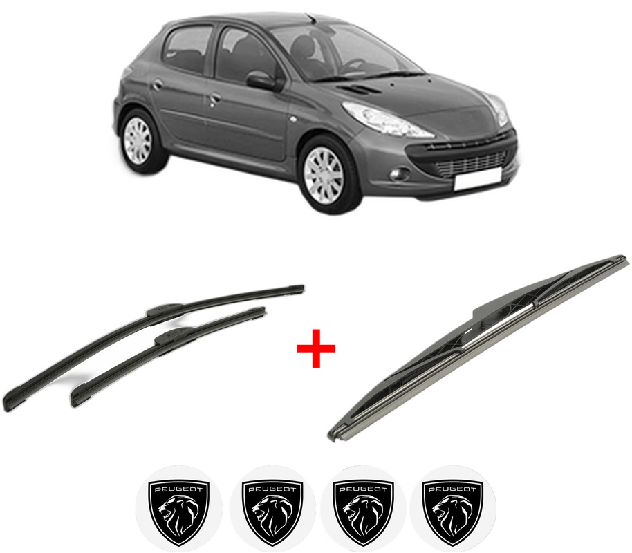 Set 3 stergatoare PEUGEOT 206+ (2L_, 2M_) din 2009 - 2013, pentru parbriz si luneta fata si spate auto, Bosch Twin, din cauciuc siliconat rezistent, 4 Stickere Auto PEUGEOT