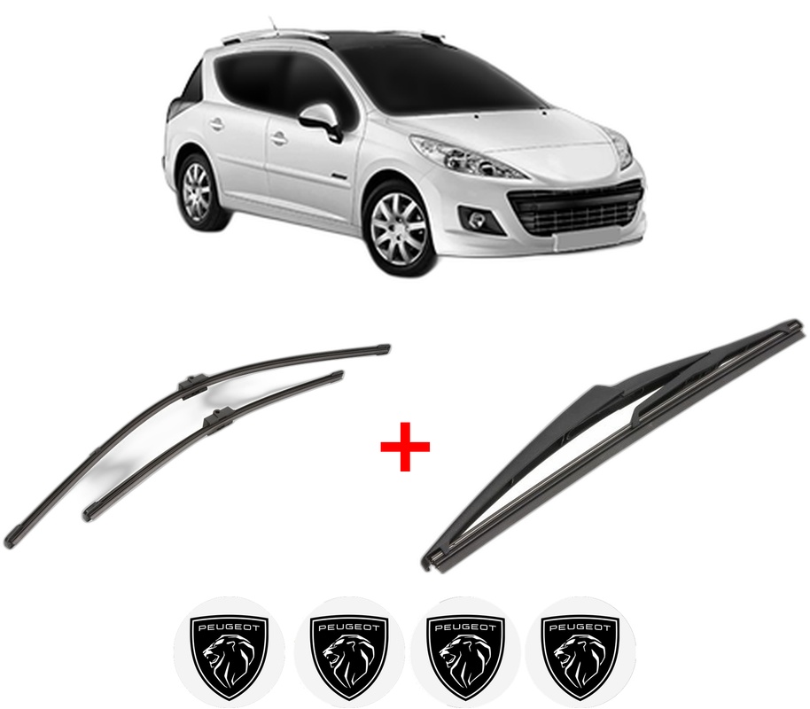 Set 3 stergatoare PEUGEOT 207 SW Estate Van (WK_) din 2007 - 2012, pentru parbriz si luneta fata si spate auto, Valeo Silencio, din cauciuc siliconat rezistent, 4 Stickere Auto PEUGEOT
