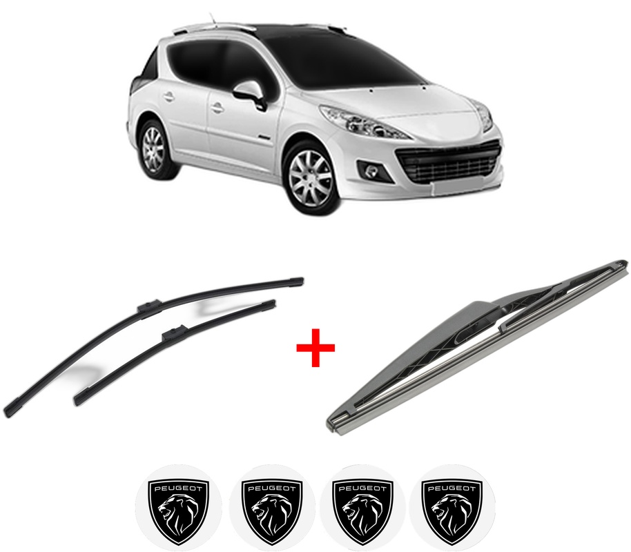 Set 3 stergatoare PEUGEOT 207 SW Estate Van (WK_) din 2007 - 2012, pentru parbriz si luneta fata si spate auto, Bosch Twin, din cauciuc siliconat rezistent, 4 Stickere Auto PEUGEOT
