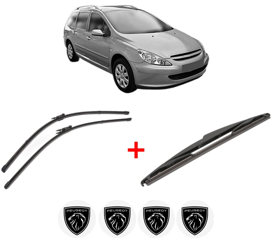 Set 3 stergatoare PEUGEOT 307 SW Estate Van (3E_, 3H_) din 2003 - 2009, pentru parbriz si luneta fata si spate auto, Valeo Silencio, din cauciuc siliconat rezistent, 4 Stickere Auto PEUGEOT