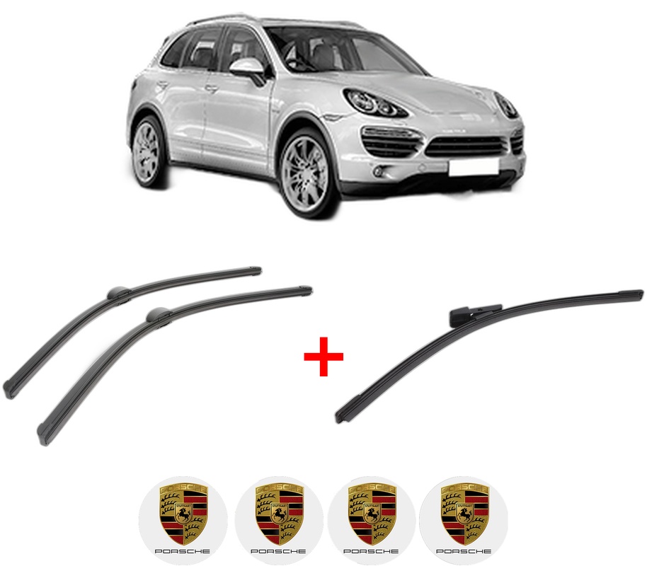 Set 3 stergatoare PORSCHE CAYENNE (92A) din 2010 - 2018, pentru parbriz si luneta fata si spate auto, Bosch Aerotwin, din cauciuc siliconat rezistent, 4 Stickere Auto PORSCHE