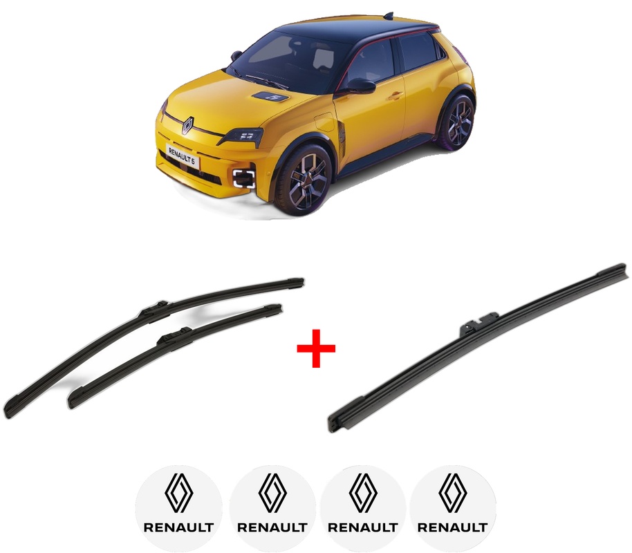 Set 3 stergatoare RENAULT 5 E-TECH din 2025, pentru parbriz si luneta fata si spate auto, Bosch Aerotwin, din cauciuc siliconat rezistent, 4 Stickere Auto RENAULT