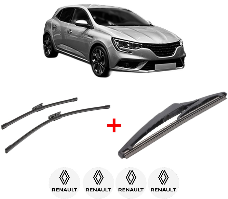 Set 3 stergatoare RENAULT MEGANE IV Hatchback (B9A/M/N_) din 2015, pentru parbriz si luneta fata si spate auto, Bosch Twin, din cauciuc siliconat rezistent, 4 Stickere Auto RENAULT