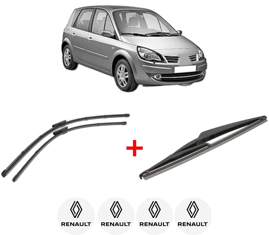 Set 3 stergatoare RENAULT SCENIC III (JZ0/1_) din 2008 - 2016, pentru parbriz si luneta fata si spate auto, Valeo Silencio, din cauciuc siliconat rezistent, 4 Stickere Auto RENAULT