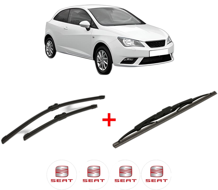 Set 3 stergatoare SEAT IBIZA IV SC (6J1, 6P5) din 2008 - 2016, pentru parbriz si luneta fata si spate auto, Bosch Twin, din cauciuc siliconat rezistent, 4 Stickere Auto SEAT