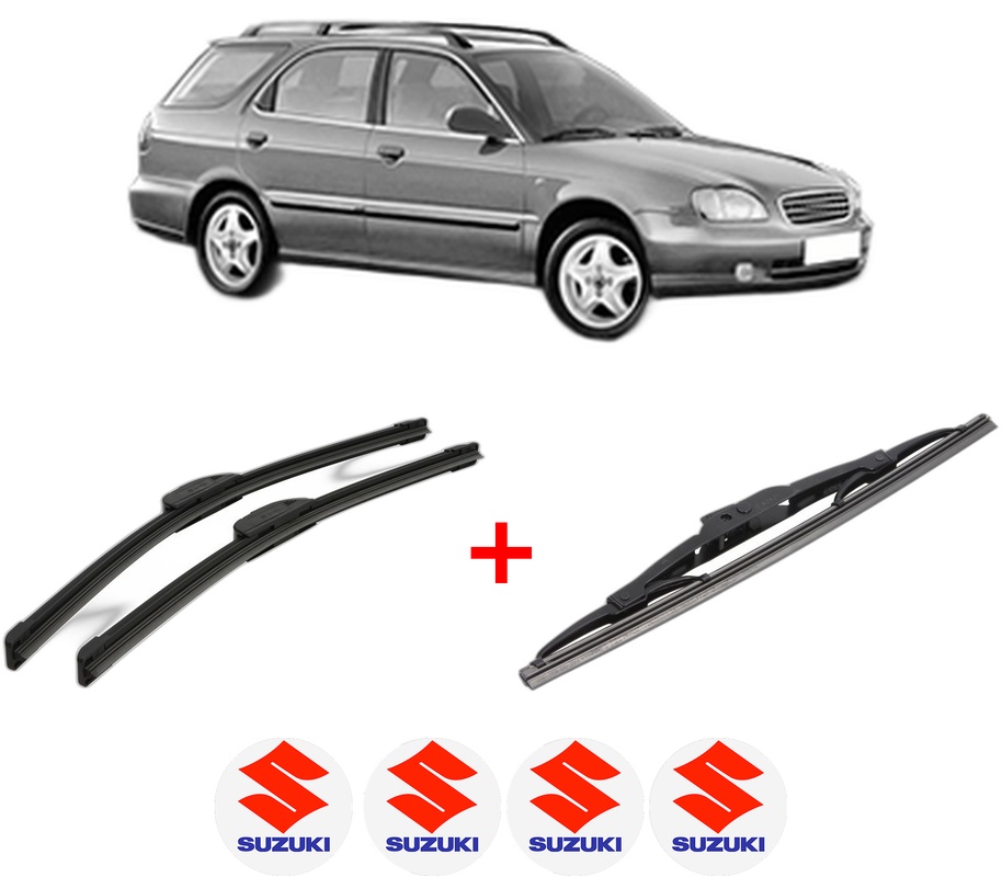 Set 3 stergatoare SUZUKI BALENO Estate (EG) din 1996 - 2002, pentru parbriz si luneta fata si spate auto, Bosch Twin, din cauciuc siliconat rezistent, 4 Stickere Auto SUZUKI