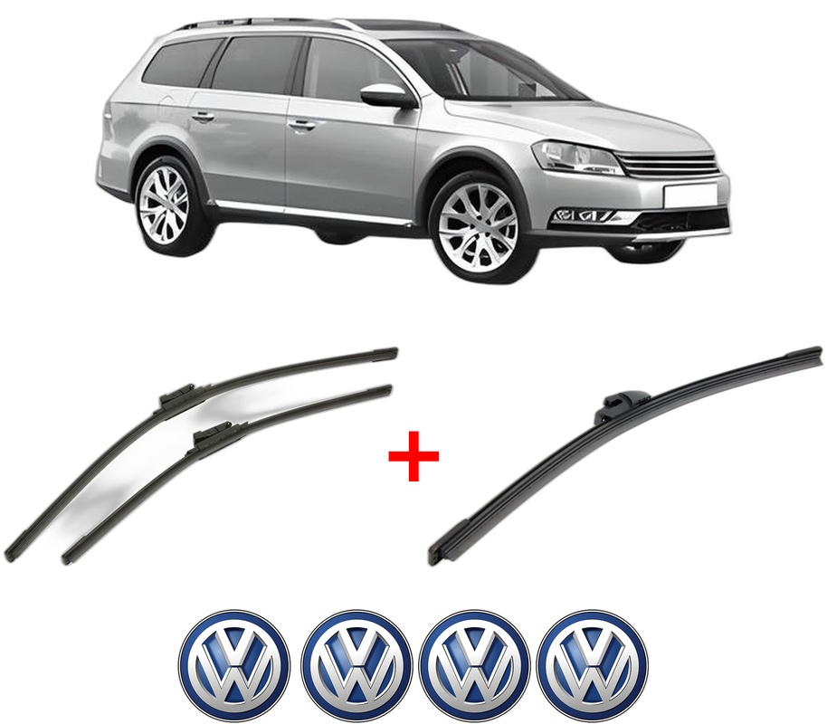 Set 3 stergatoare Volkswagen PASSAT ALLTRACK B7 (365) din 2012 - 2014, pentru parbriz si luneta fata si spate auto, Bosch Aerotwin, din cauciuc siliconat rezistent, 4 Stickere Auto VW