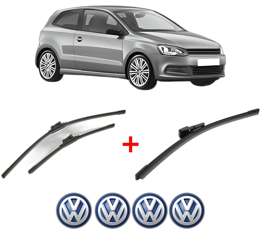 Set 3 stergatoare Volkswagen POLO V (6R1, 6C1) din 2009 - 2022, pentru parbriz si luneta fata si spate auto, Bosch Aerotwin, din cauciuc siliconat rezistent, 4 Stickere Auto VW