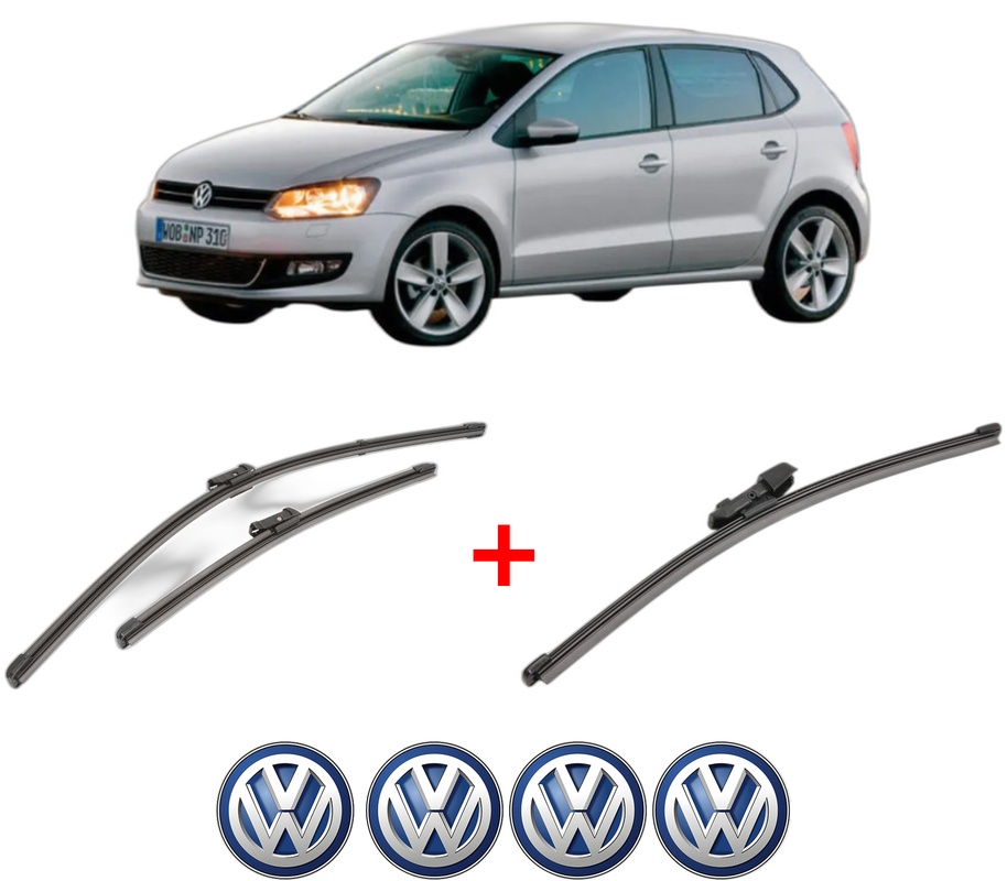 Set 3 stergatoare Volkswagen POLO Van V (6R1, 6C1) din 2009 - 2017, pentru parbriz si luneta fata si spate auto, Valeo Silencio Xtrm, din cauciuc siliconat rezistent, 4 Stickere Auto VW