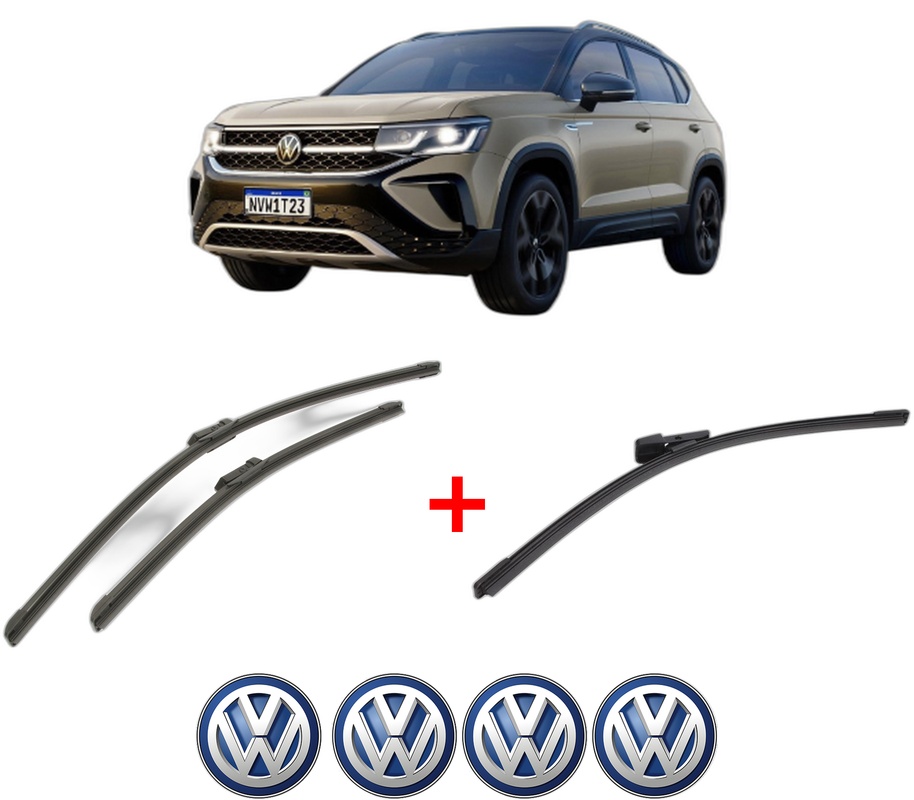 Set 3 stergatoare Volkswagen TAOS (CL1, CP1, CQ1) din 2020, pentru parbriz si luneta fata si spate auto, Bosch Aerotwin, din cauciuc siliconat rezistent, 4 Stickere Auto VW