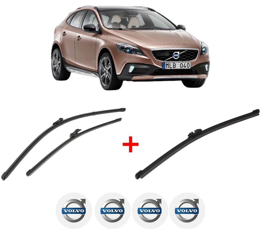 Set 3 stergatoare VOLVO V40 Cross Country (526) din 2012 - 2019, pentru parbriz si luneta fata si spate auto, Valeo Silencio, din cauciuc siliconat rezistent, 4 Stickere Auto VOLVO