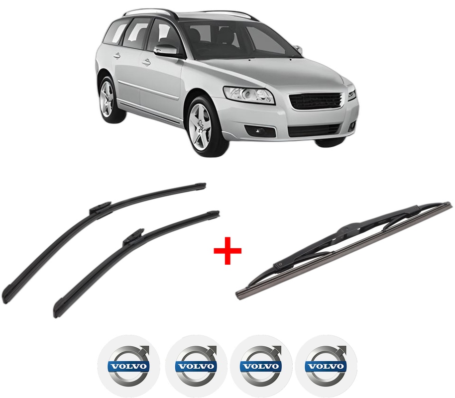 Set 3 stergatoare VOLVO V50 (545) din 2003 - 2012, pentru parbriz si luneta fata si spate auto, Bosch Twin, din cauciuc siliconat rezistent, 4 Stickere Auto VOLVO