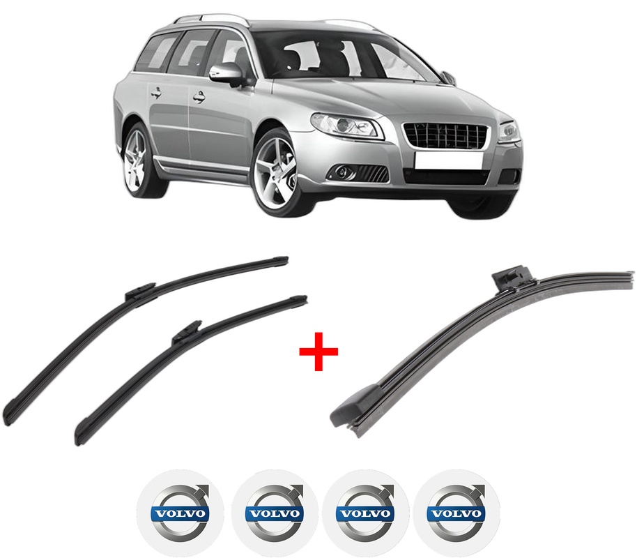 Set 3 stergatoare VOLVO V70 III (135) din 2007 - 2016, pentru parbriz si luneta fata si spate auto, Bosch Aerotwin, din cauciuc siliconat rezistent, 4 Stickere Auto VOLVO