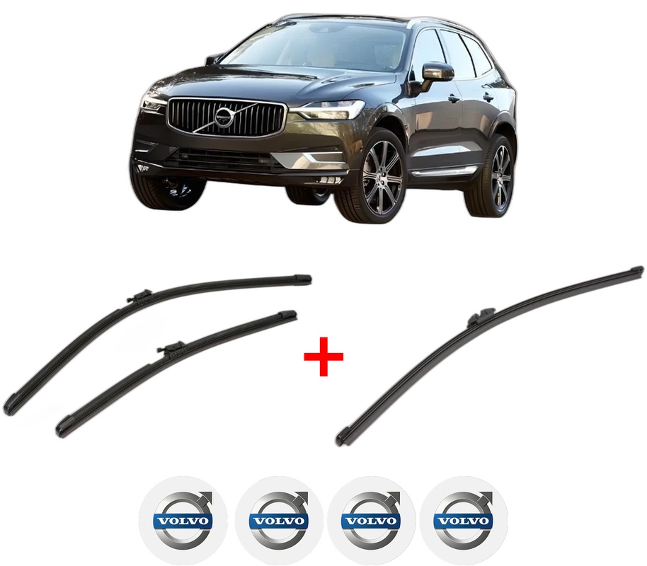 Set 3 stergatoare VOLVO XC60 II (246) din 2017 - 2022, pentru parbriz si luneta fata si spate auto, Valeo Silencio Xtrm, din cauciuc siliconat rezistent, 4 Stickere Auto VOLVO
