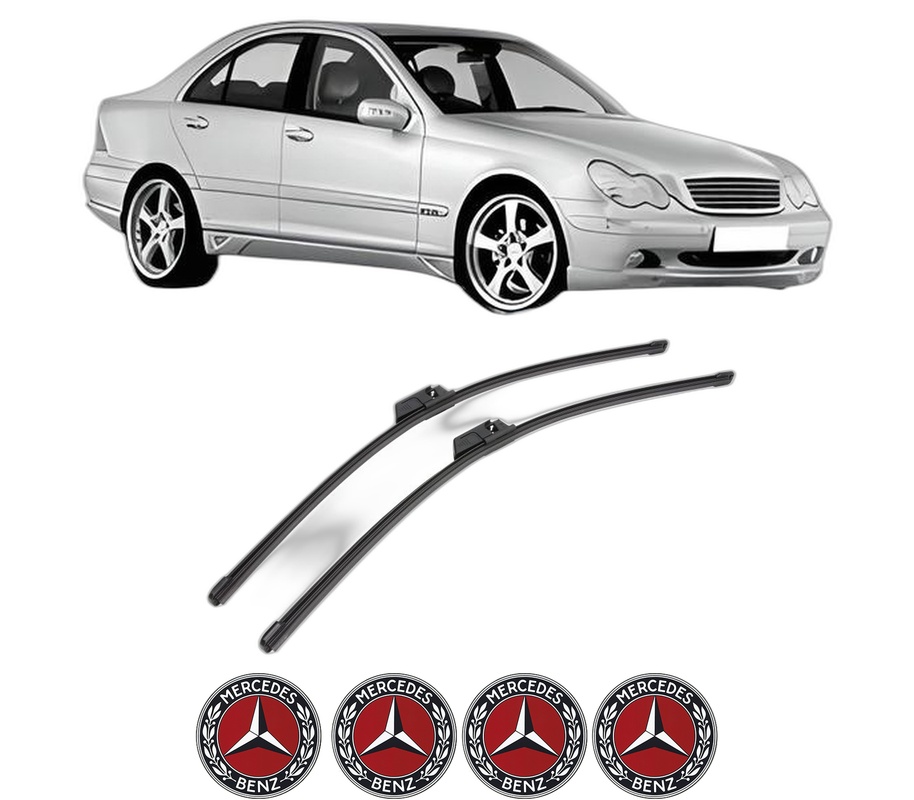 Set stergatoare auto MERCEDES-BENZ C-CLASS (W203) din 2000-2007, pentru parbriz auto, 2 bucati, Valeo Silencio Xtrm, din cauciuc siliconat rezistent, 4 Stickere Auto MERCEDES-BENZ