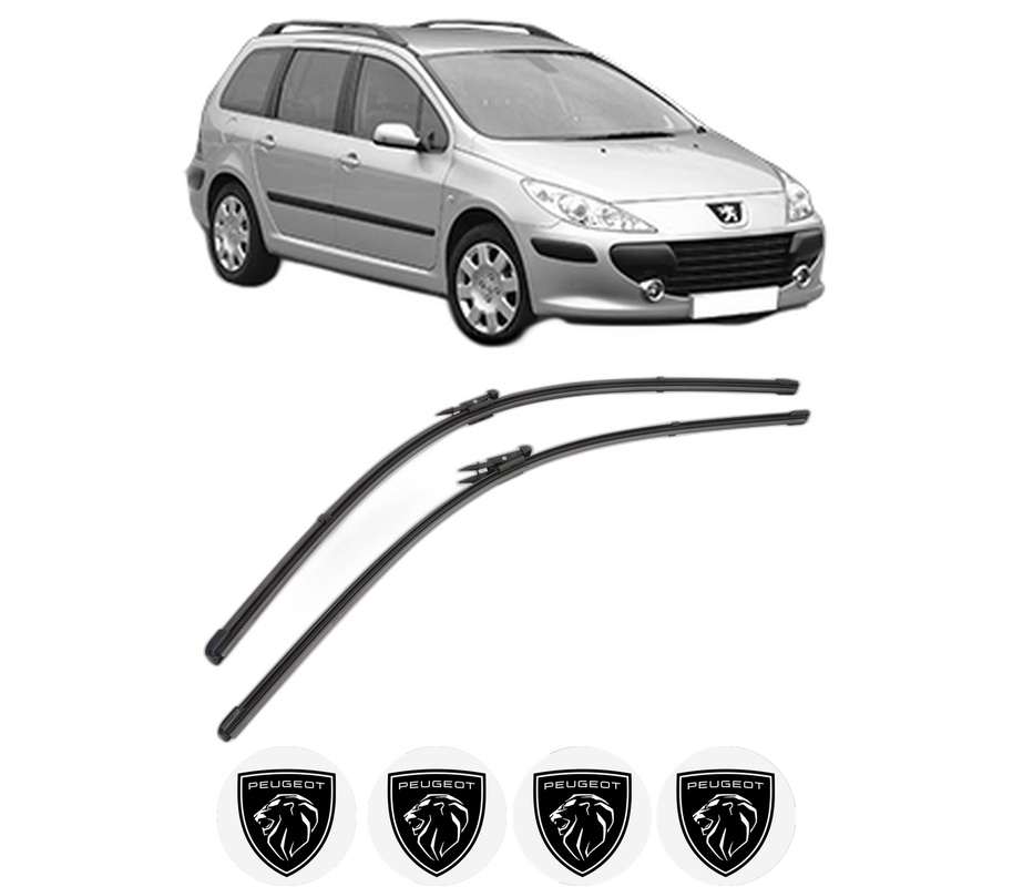 Set stergatoare auto PEUGEOT 307 Break (3E) din 2002-2009, pentru parbriz auto, 2 bucati, Valeo Silencio Xtrm, din cauciuc siliconat rezistent, 4 Stickere Auto PEUGEOT