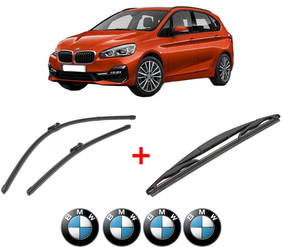 Set 3 stergatoare BMW Seria 2 Gran Tourer (F46) din 2014 - 2018, pentru parbriz si luneta fata si spate auto, Valeo Silencio, din cauciuc siliconat rezistent, 4 Stickere Auto BMW