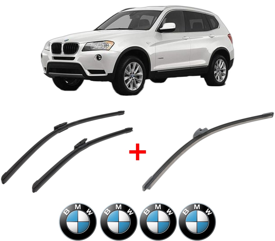 Set 3 stergatoare BMW Seria X3 (F25) din 2010 - 2017, pentru parbriz si luneta fata si spate auto, Bosch Aerotwin, din cauciuc siliconat rezistent, 4 Stickere Auto BMW