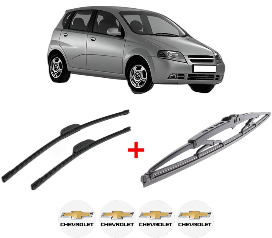 Set 3 stergatoare CHEVROLET AVEO / KALOS Hatchback (T200) din 2003 - 2008, pentru parbriz si luneta fata si spate auto, Bosch Twin, din cauciuc siliconat rezistent, 4 Stickere Auto CHEVROLET