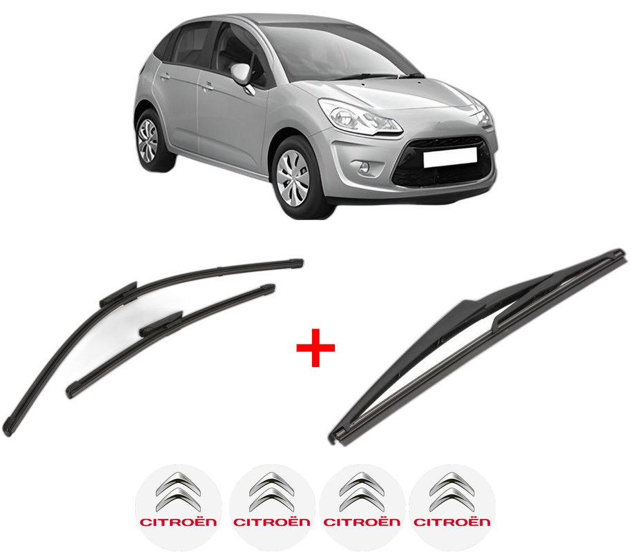 Set 3 stergatoare CITROEN C3 II (SC_) din 2009 - 2016, pentru parbriz si luneta fata si spate auto, Valeo Silencio, din cauciuc siliconat rezistent, 4 Stickere Auto CITROEN