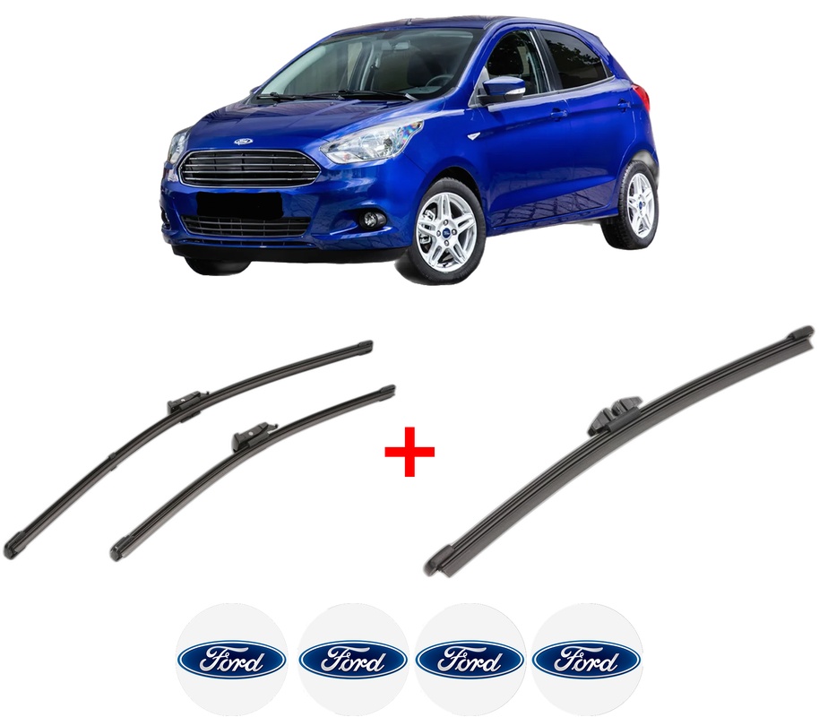 Set 3 stergatoare FORD KA+ III (UK, FK) din 2016, pentru parbriz si luneta fata si spate auto, Valeo Silencio, din cauciuc siliconat rezistent, 4 Stickere Auto FORD