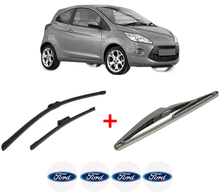 Set 3 stergatoare FORD KA (RU8) din 2008 - 2016, pentru parbriz si luneta fata si spate auto, Bosch Twin, din cauciuc siliconat rezistent, 4 Stickere Auto FORD