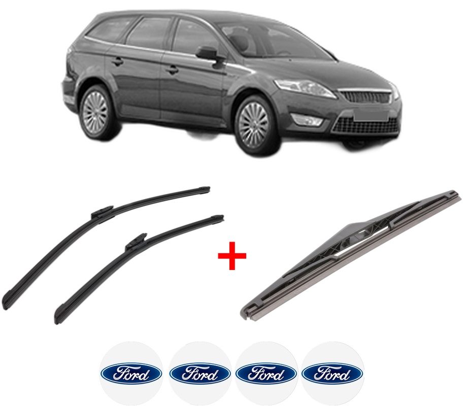 Set 3 stergatoare FORD MONDEO IV Turnier (BA7) din 2007 - 2015, pentru parbriz si luneta fata si spate auto, Bosch Twin, din cauciuc siliconat rezistent, 4 Stickere Auto FORD